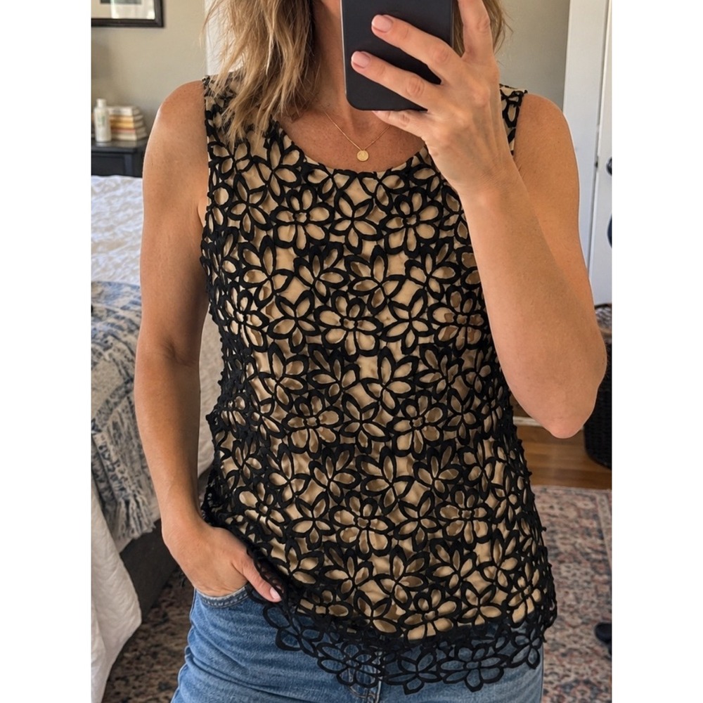 Lela Rose Floral Lace Top Small Black Nude Sleeveless Romantic‎ Date